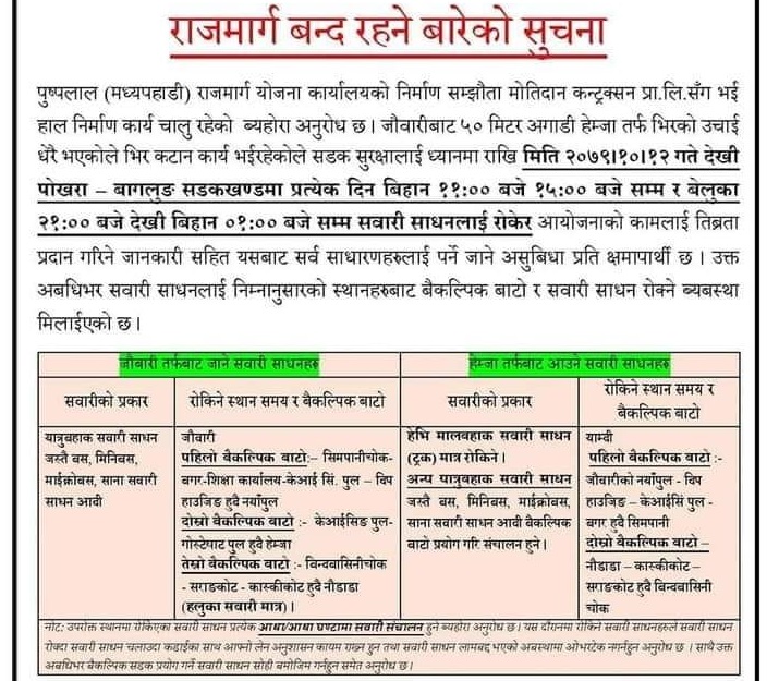 पोखरा—बाग्लुङ राजमार्गमा दैनिक ८ घण्टा यातायात बन्द हुने