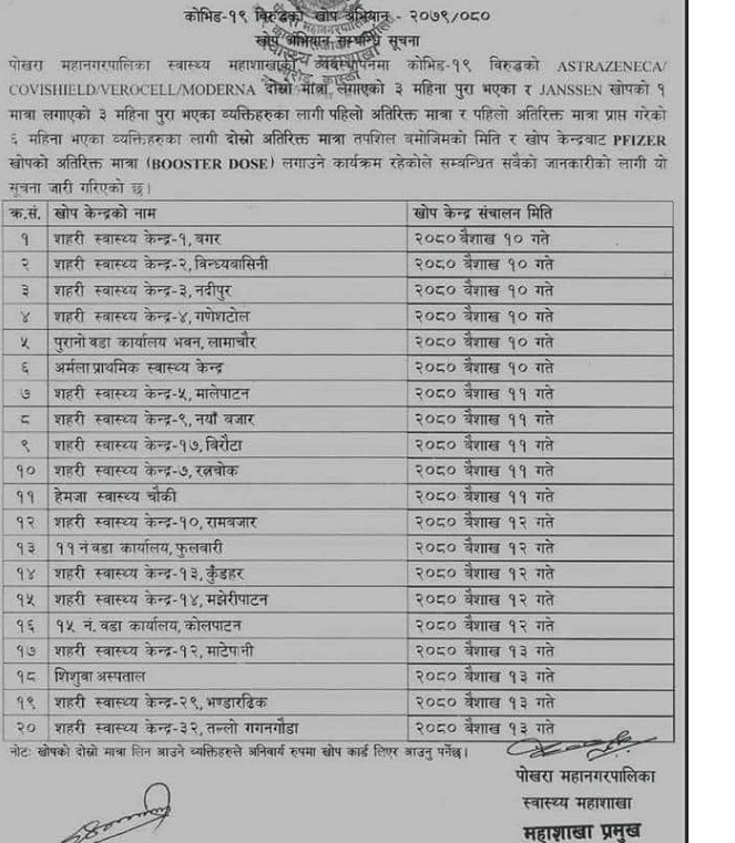 पोखरामा कोभिड १९ विरुद्धको खोप बैशाख १० गते कुन कुन ठाउँमा