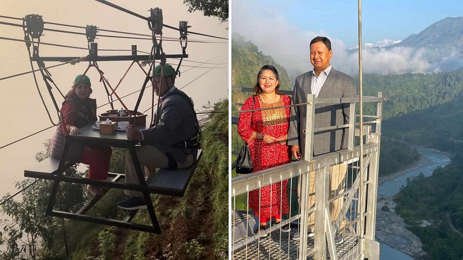 २ सय ५५ मिटर अग्लो भिरमा झुन्डिएको स्काई क्याफेमा स्वास्थ्य मन्त्री बस्नेत