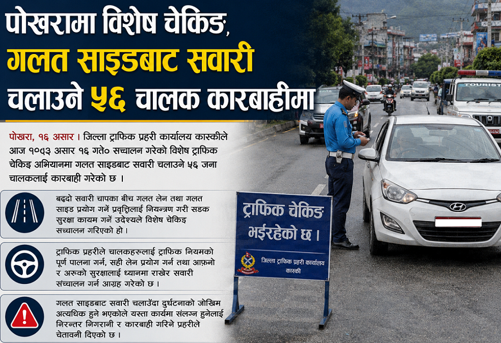 पोखरामा विशेष चेकिङ, गलत साइडबाट सवारी चलाउने ५६ चालक कारबाहीमा